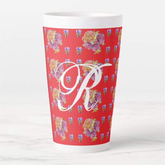 Red Rose Shabby Chic Roos Pattern Initiaal Latte Mok (Voorkant)