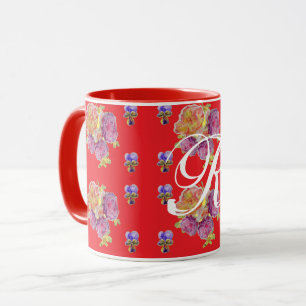 Red Rose Shabby Chic Roos Pattern Initiaal Mok
