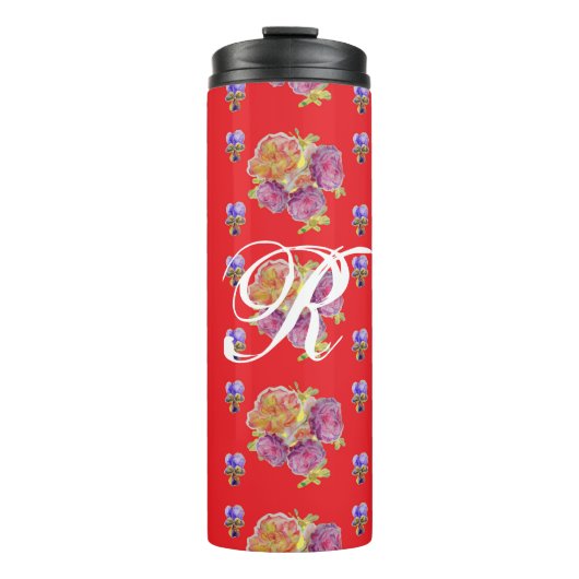 Red Rose Shabby Chic Roos Pattern Initiaal Thermosbeker (Voorkant)