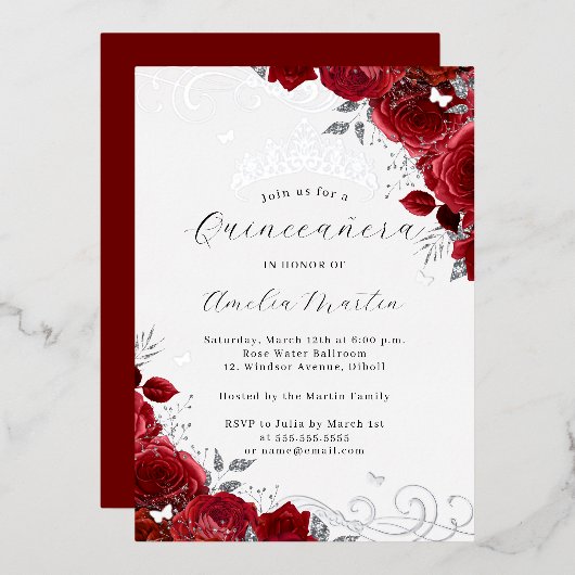 Red Rose Silver Floral Swirl Quinceanera Folie Uitnodiging (Voorkant / Achterkant)
