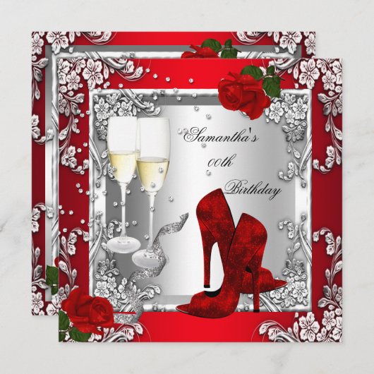 Red Rose Silver High Hiel Shoes Any Age Party Kaart (Voorkant / Achterkant)