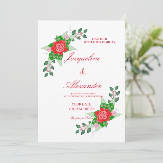 Red Rose Simple Wedding Theme Uitnodiging (Staand voorkant)
