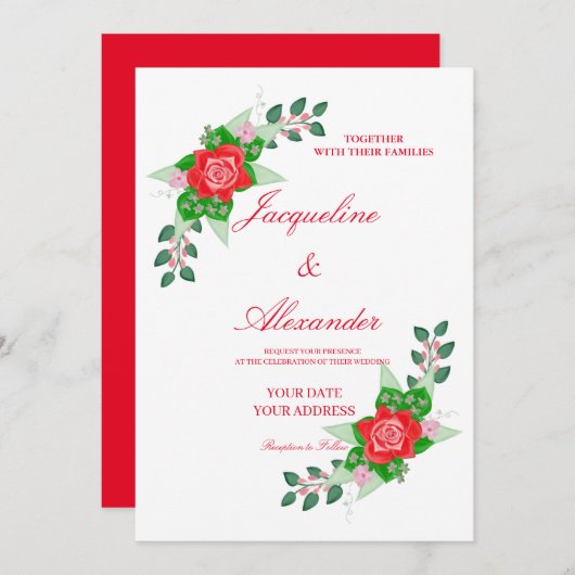 Red Rose Simple Wedding Theme Uitnodiging (Voorkant / Achterkant)