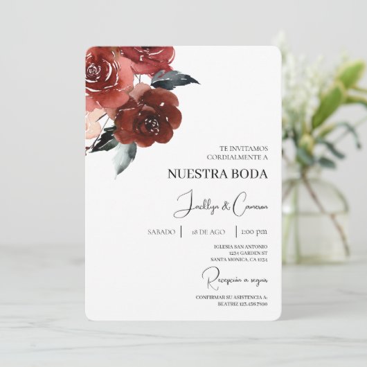 Red Rose Spaanse bruiloft uitnodiging (Staand voorkant)