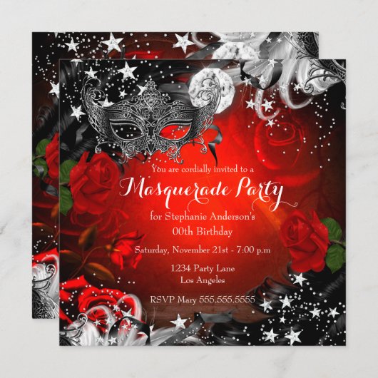 Red Rose Sparkle Magical Night Masquerade Party Kaart (Voorkant / Achterkant)
