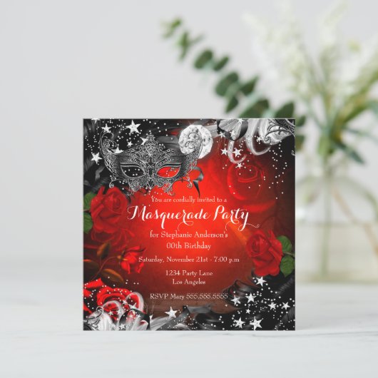 Red Rose Sparkle Magical Night Masquerade Party Kaart (Staand voorkant)