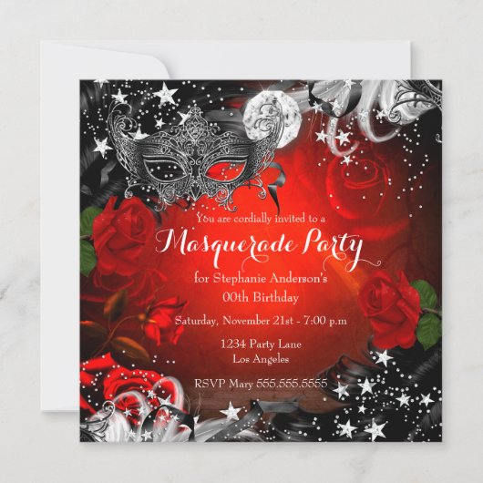 Red Rose Sparkle Magical Night Masquerade Party Kaart (Voorkant)