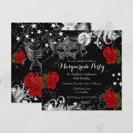 Red Rose Starry Magical Night Masquerade Party Kaart (Voorkant / Achterkant)