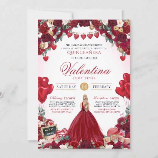 Red Rose Sweet 15 Valentijnse Quinceanera Kaart (Voorkant)