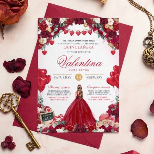 Red Rose Sweet 15 Valentijns's Quinceanera Kaart