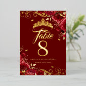Red Rose Swirl Quinceanera Gold Tafelnummer (Staand Voorkant)