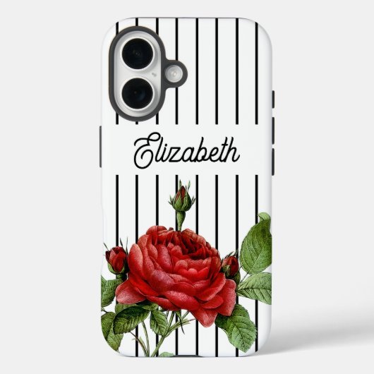 Red Rose Trendy Zwart en Wit Pinstripe Stripes Case-Mate iPhone Case (Achterkant)