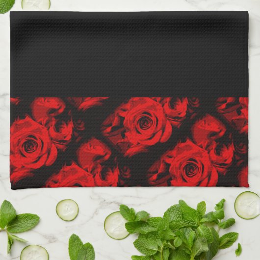 Red Rose Trim op Black Hand of Kitchen Towel Theedoek (Gevouwen)
