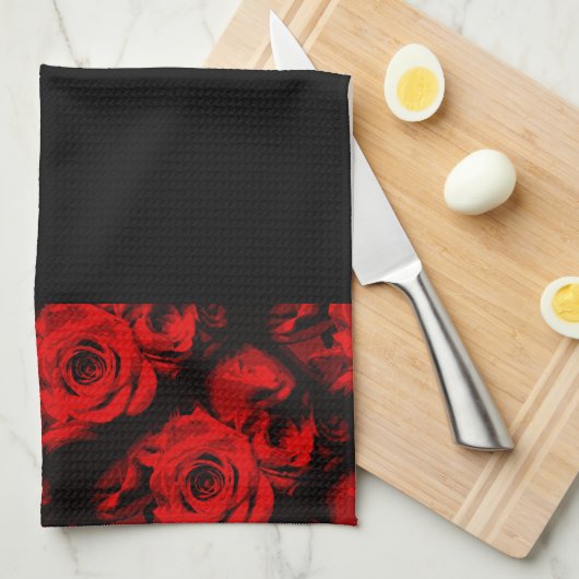Red Rose Trim op Black Hand of Kitchen Towel Theedoek (Quarter Fold)