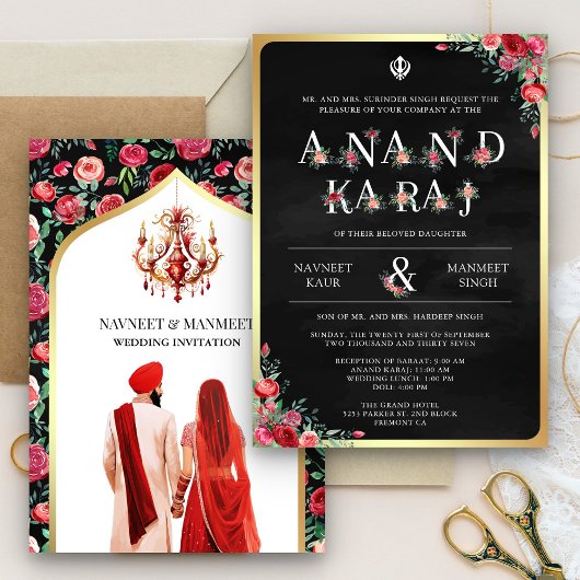 Red Rose Typografie Zwart Anand Karaj Sikh Bruilof Kaart