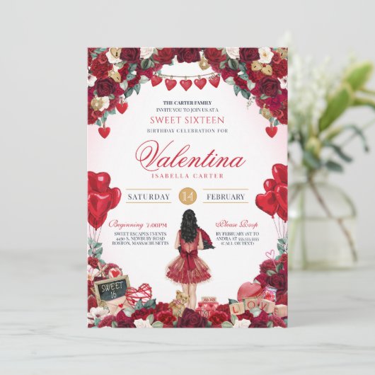 Red Rose Valentijnsdag Sweet 16 Verjaardagsfeestje Kaart (Staand voorkant)