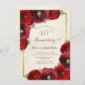 Red Rose Watercolor Floral Gold 40th Anniversary Kaart (Voorkant / Achterkant)