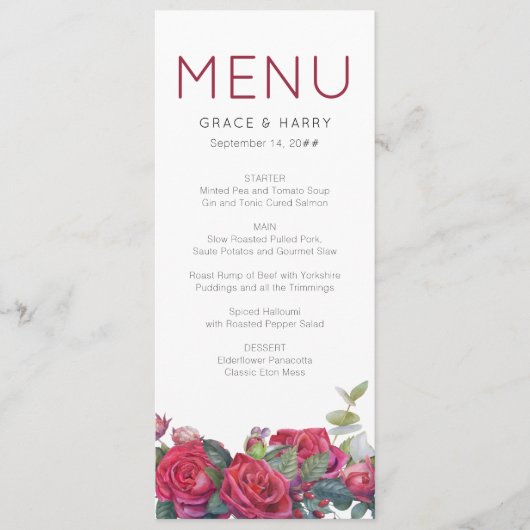 Red Rose Watercolor Wedding Menu (Voorkant)