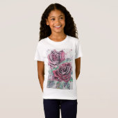 Red Rose waterverf and ink art Girls T Shirt (Voorkant volledig)