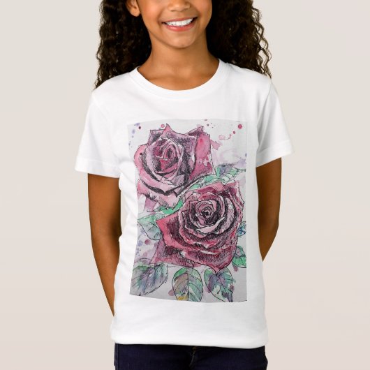 Red Rose waterverf and ink art Girls T Shirt (Voorkant)