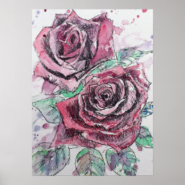 Red Rose Waterverf art Roos Natuur Tuin Poster