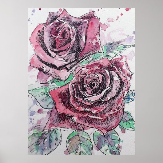 Red Rose Waterverf art Roos Natuur Tuin Poster (Voorkant)