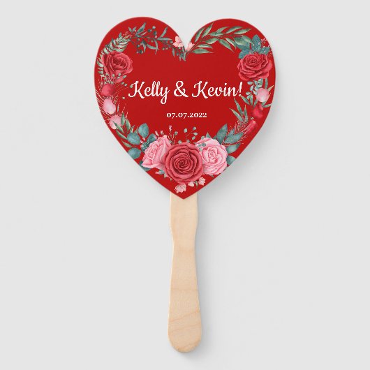 Red Rose Waterverf Bloemen Huwelijk Hand Fan Handwaaier (Voorkant)