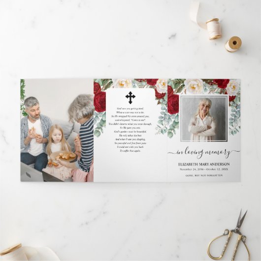 Red Rose Waterverf Floral Memorial Funeral Drieluik Programma (Buitenkant)