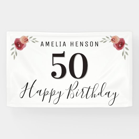 Red Rose Waterverf Flower Floral 50th Birthday Spandoek (Horizontaal)