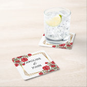 Red Rose Waterverf Gold Floral Wedding Kartonnen Onderzetters (Insitu)
