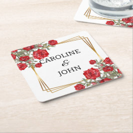 Red Rose Waterverf Gold Floral Wedding Kartonnen Onderzetters