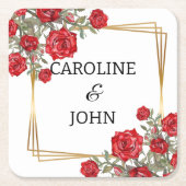 Red Rose Waterverf Gold Floral Wedding Kartonnen Onderzetters (Voorkant)