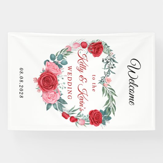 Red Rose Waterverf Heart Wedding Spandoek (Horizontaal)