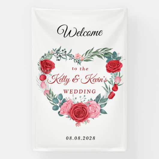 Red Rose Waterverf Heart Wedding Spandoek (Verticaal)