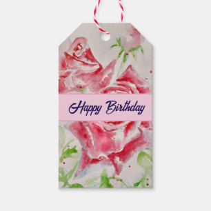 Red Rose Waterverf Rozen Happy Birthday Gift Label Cadeaulabel