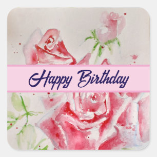 Red Rose Waterverf Rozen Happy Birthday Square St Vierkante Sticker