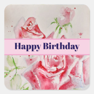 Red Rose Waterverf Rozen Happy Birthday Vierkante Sticker
