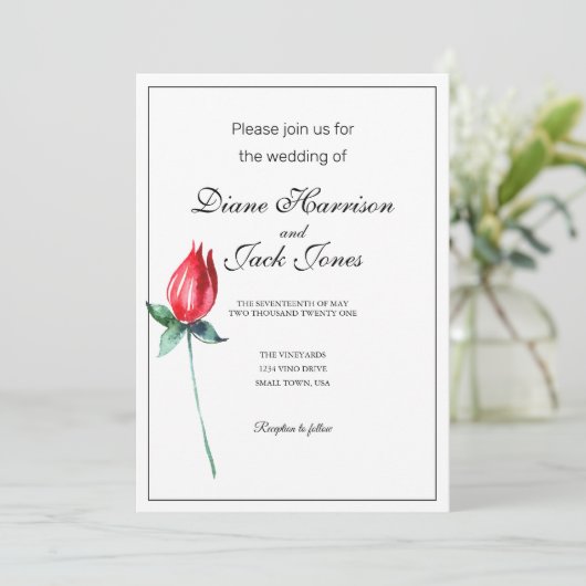 Red Rose Waterverf Stem bruiloft uitnodigingen (Staand voorkant)