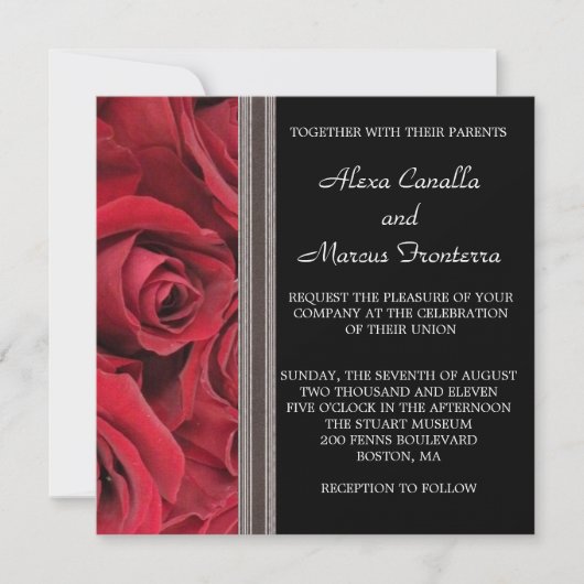 Red Rose Wedding Invitation w Grey Ribbon Acceptes Kaart (Voorkant)