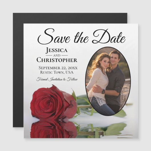 Red Rose Wedding Save the Date Oval Photo Magnet (Voorkant / Achterkant)