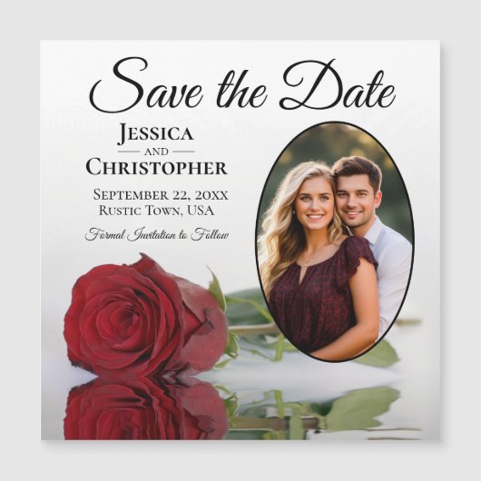 Red Rose Wedding Save the Date Oval Photo Magnet (Voorkant)