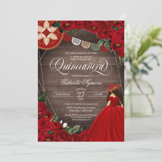 Red Rose Western Charra Mariachi Quinceañera Invit Kaart (Staand voorkant)