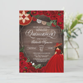 Red Rose Western Charra Mariachi Quinceañera Invit Kaart