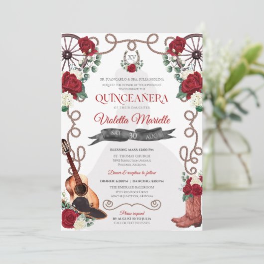 Red Rose Western Quinceañera Elegant Charra Kaart (Staand voorkant)