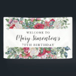 Red Rose Winter Botanical 70th Birthday Spandoek<br><div class="desc">Rode en witte rozen worden in een verscheidenheid aan wintergroen tot creëer elegante grenzen boven en onder de tekst genesteld. De naam van de verjaardagsberoemde wordt geschreven in een trendy populair manuscript. Welkom bij en 70th Birthday zijn geschreven in klassieke serif fonts. De wintergroen omvat holly, bessen en eucalyptus. Alle...</div>