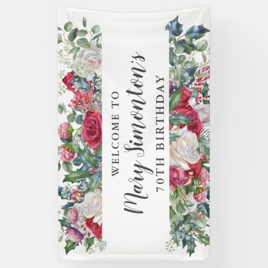 Red Rose Winter Botanical 70th Birthday Spandoek (Verticaal)