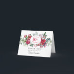 Red Rose Winter Botanical 90th Birthday Dankuwel Bedankkaart<br><div class="desc">Een prachtige en elegante dankjewel, speciaal ontworpen voor een negentigste verjaardagsfeestje. Het bevat een grote florale spray van rode en witte rozen, holly en bessen en eucalyptusbladeren. Een witte ovaal wordt in het centrum geplaatst met de honderdste verjaardag van de honderdjarige. Er zijn twee regels voorzien voor een op maat...</div>