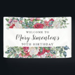 Red Rose Winter Botanical 90th Birthday Spandoek<br><div class="desc">Rode en witte rozen worden in een verscheidenheid aan wintergroen tot creëer elegante grenzen boven en onder de tekst genesteld. De naam van de verjaardagsberoemde wordt geschreven in een trendy populair manuscript. Welkom bij en 90th Birthday zijn geschreven in klassieke serif fonts. De wintergroen omvat holly, bessen en eucalyptus. Alle...</div>