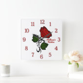 Red Rose with Name Red Numbers Vierkante Klok (Huis)