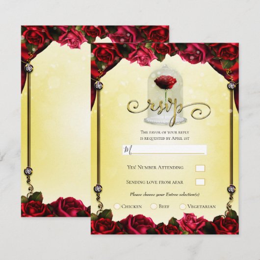 Red Rose Yellow Gold Princess RSVP Kaart (Voorkant / Achterkant)